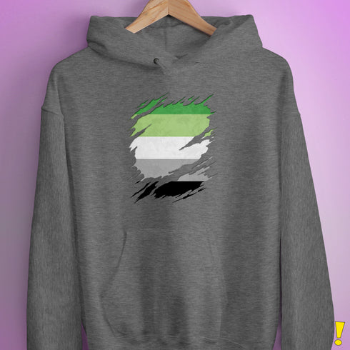 Aromantic Pride Flag Ripped Reveal Hoodie - Grey Heather